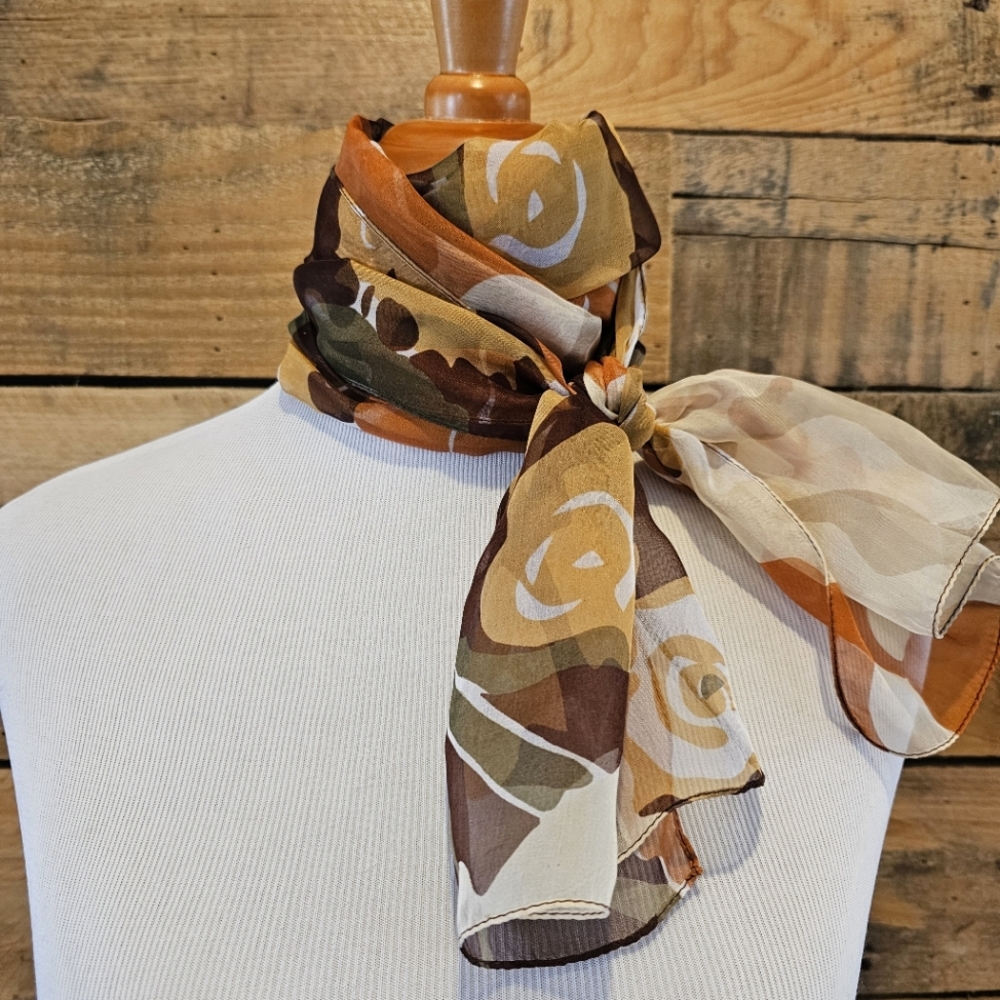 Retro sheer floral scarf in orange, brown, mustard yellow & olive green